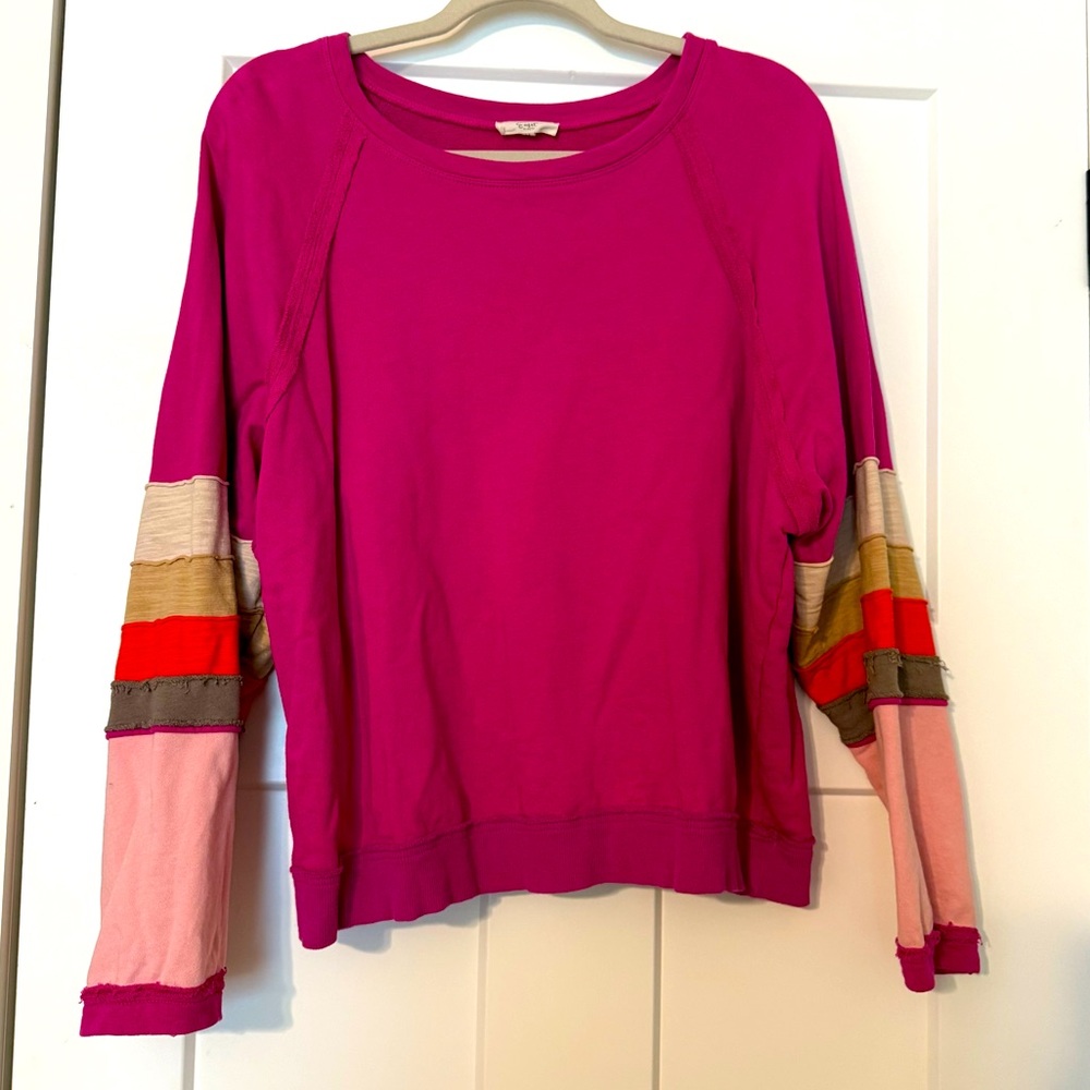 Easel | Women’s Medium Colorful Long Sleeve Top with Striped Sleeves 100% Cotton